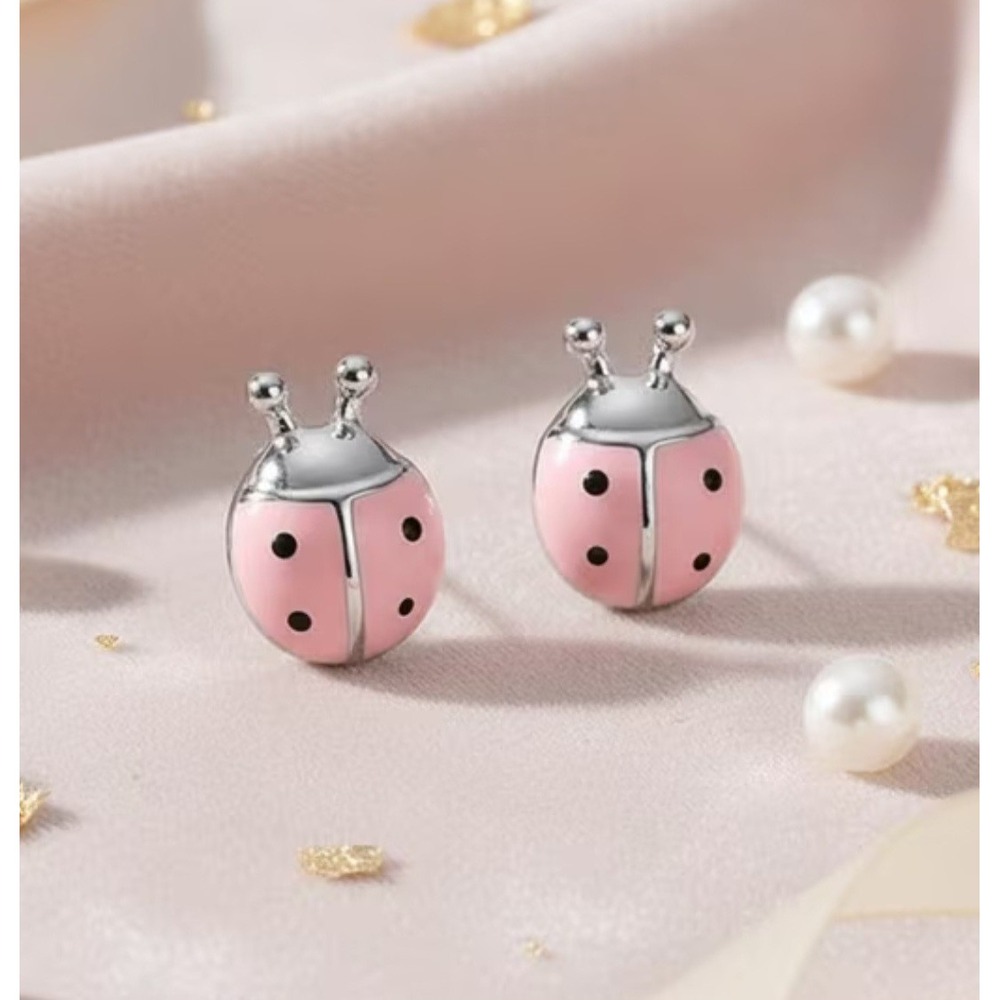 Pink Ladybug Enamel Stud Earrings Silver Tone Insect Garden Jewelry